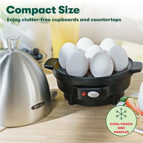 BELLA Rapid Electric Egg Cooker and Omelet Maker with Auto Shut Off, for Easy to Peel, Poached Eggs, Soft, Medium and Hard-Boiled Eggs, 7 Egg Capacity Tray, Single Tier, Black & Steel 6