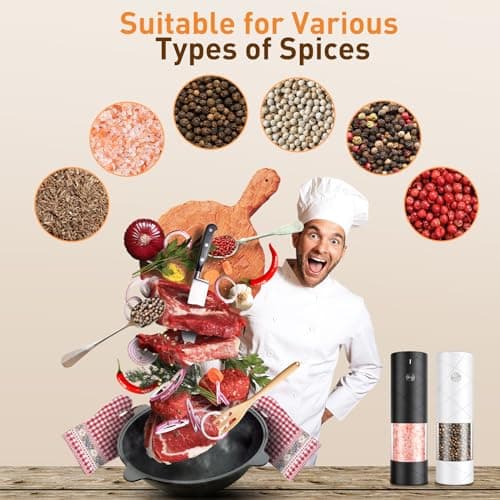 Electric Salt and Pepper Grinder Set, Rechargeable Automatic Pepper Mill Grinder with LED Light Gifts for Women, Adjustable Coarseness shakers, One-Hand Operation for Kitchen Essentials 5