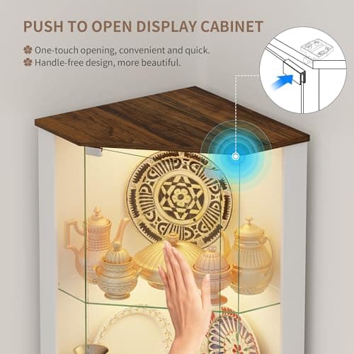 Lvifur 69" Corner Glass Display Cabinet with RGB Lights,3-Tier Movable Glass Shelves,Curio Display with Human Body Sensor,Bookcase with Storage Cabinet for Toys,Books,Collectibles,Liquor,White 7