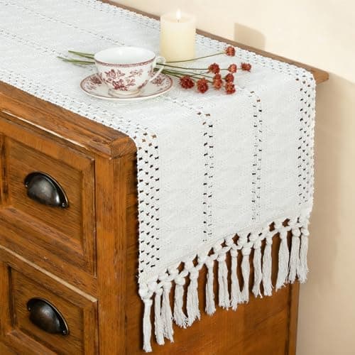 Fexia Table Runner with Tassels Boho Macrame 72 Inches Long Cream Rustic Table Runner for Home Farmhouse Bohemian Dining Bedroom Decor Baby Bridal Shower(12x72 Inches)