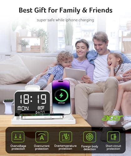Acer 7-in-1 Wireless Charging Station with LED Clock - 30W Fast Wireless Charger for iPhone 16/15/14/13/12/Pro Max, Apple Watch, AirPods - Bluetooth Auto Time Sync & Night Lights (White) 9