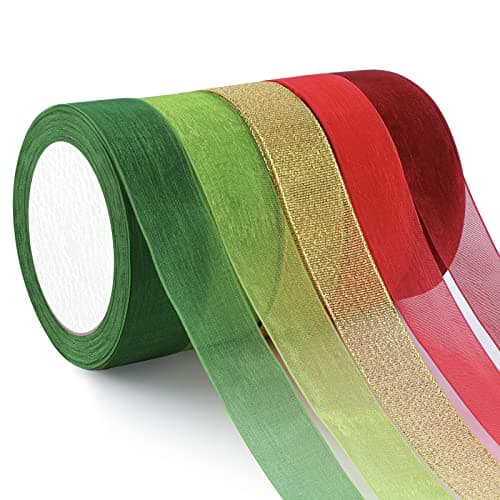 Organza Ribbon Sheer Ribbon, 1" x 125 Yd 5 Rolls Christmas for Gift Wrapping, Bouquet, Wedding, Party Decoration, Christmas