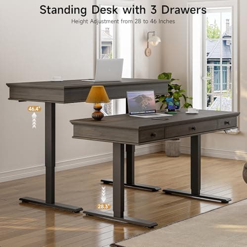 ONBRILL Standing Desk with Drawers, 55 x 23 Inch Electric Height Adjustable Desk with Storage & Outlets, for Computer Workstation, Home Office, Retro Curved Table Corner Design, Black Walnut 7