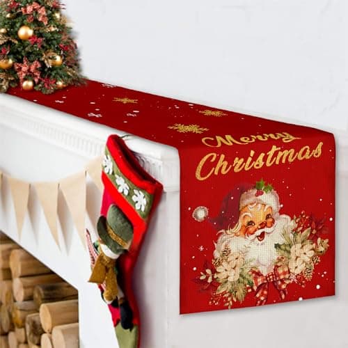 Christmas Table Runner Christmas Decorations - Red and Gold Vintage Santa Claus Merry Christmas Snowflake Winter Xmas Home Kitchen Dining Table Decor, Christmas Party Decorations 13 x 72 Inch 5
