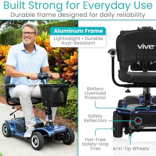 Vive 4 Wheel Mobility Scooter - Electric Powered Wheelchair Device - Compact Heavy Duty Mobile for Travel, Adults, Elderly - Long Range Power Extended Battery with Charger & Basket 8