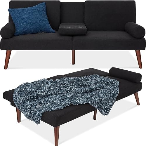 Best Choice Products Mid-Century Modern Upholstered Futon, Convertible Folding Sofa Bed, Small Couch w/Rounded Armrests, 2 Cupholders - Black