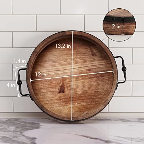 Round Coffee Table Tray - 13.2'' Farmhouse Wood Serving Tray with Metal Handles - Round Decorative Trays for Coffee Table - Wooden Circle Trays for Kitchen Counter 6