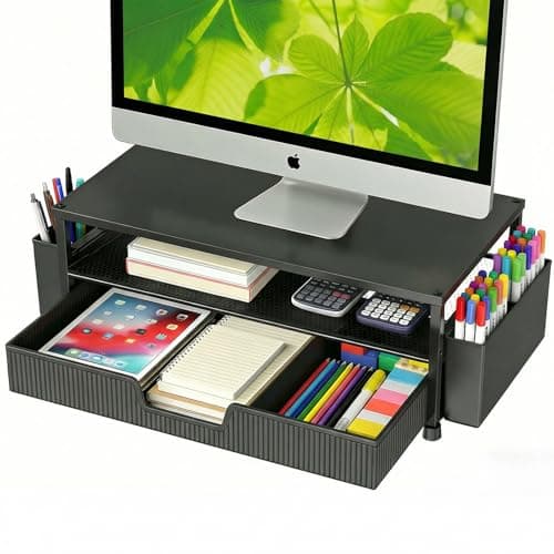 ECOLOVI Desk Organizer and Accessories, 2-Tier Computer Monitor Stand Rise with Storage Drawer & 2 Pen Holders, Laptop & Printer Stand for Desktop, Workspace Organizers for Office Supplies (Black)
