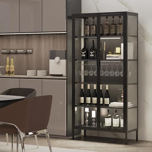 Rumetol 71" H Display Cabinet with Glass Doors,Display Case with LED Sensor Lights,Glass Display Cabinet with Adjustable Shelves and Feet,Display Cabinets for Living Room/Bedroom/Kitchen 9