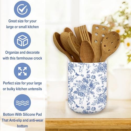JarThenaAMCS Chinoiserie Floral Ceramic Utensil Holder Blue Flower Butterfly Utensil Crock for Home Kitchen Countertop Storage Organizer Container 5