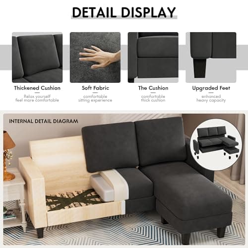 YESHOMY Convertible Sectional 3 L-Shaped Couch Soft Seat with Modern Linen Fabric, Space-Saving Sofas for Living Room, Apartment and Office, 70'', Dark Gray 5