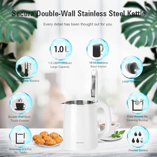 Secura Stainless Steel Double Wall Electric Kettle Water Heater for Tea Coffee w/Auto Shut-Off and Boil-Dry Protection, 1.0L (White) SWK-1001DW/HB-K012 6