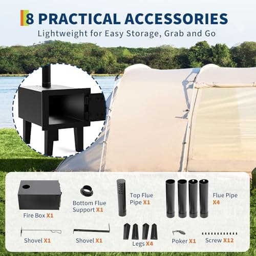 Wood Burning Fireplace with Chimney Pipe, Wooden Stoves for Home Heating, Outdoor Portable Wood-Burning Camp Stove, Alloy Steel Camping TentStove 6