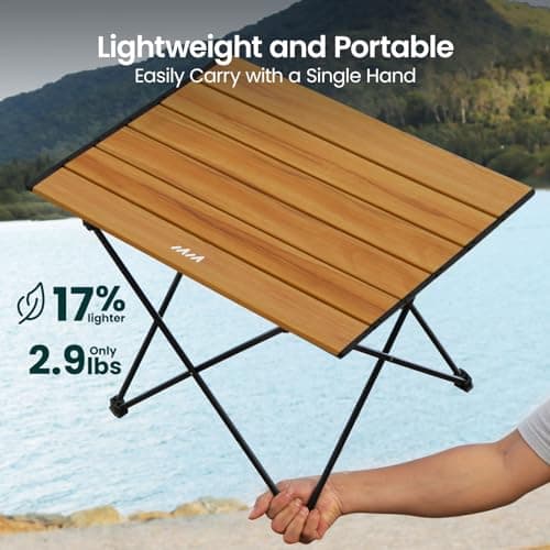MISSION MOUNTAIN UltraPort Compact Camp Table, Outdoor Folding Table, Portable Camping Side Table, Ultralight Aluminum Beach Table, Small Camping Table with Carry Bag for Camping, Picnic - Nature Wood 6