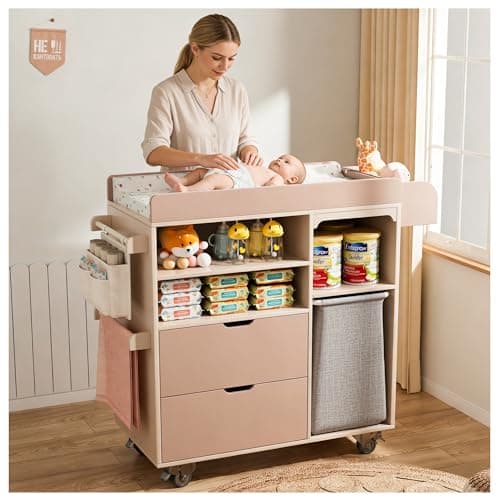 MFXLGO 100% Solid Wood Baby Changing Table Dresser with Drawers, Nursery Diaper Changing Station with Changing Pad & Built-In Trash Bag Storage, Rolling Space-Saving Design for Newborn & Toddler, Pink