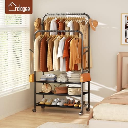Furologee Clothes Racks for Hanging Clothes, Portable Rolling Garment Rack, Sturdy Metal Freestanding Cloths Racks with Wheels, Double Rods Wardrobe Rack for Bedroom Laundry Living Room 5
