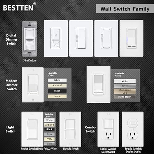 BESTTEN 10 Pack Single Pole Decorator Light Switch with Wallplate, 15A 120/277V, Rocker Paddle Wall Switch, On/Off Interrupter for LED and Other Lamps 8