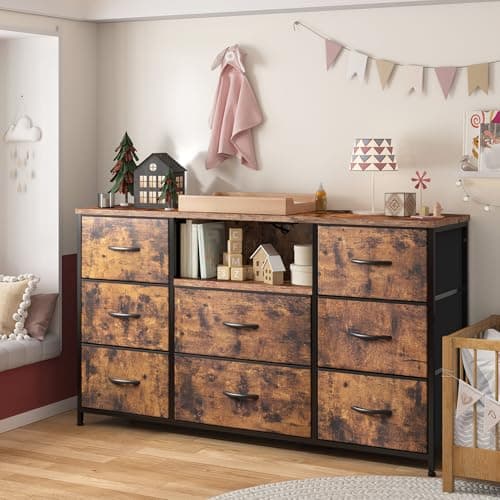 Dresser for Bedroom with Charging Station, 8 Drawers Dressers & Chests of Drawers for 50 55 inch TV, Dresser TV Stand for Bedroom, Fabric Dresser with Open Shelves for Living Room Hallway, Brown 2