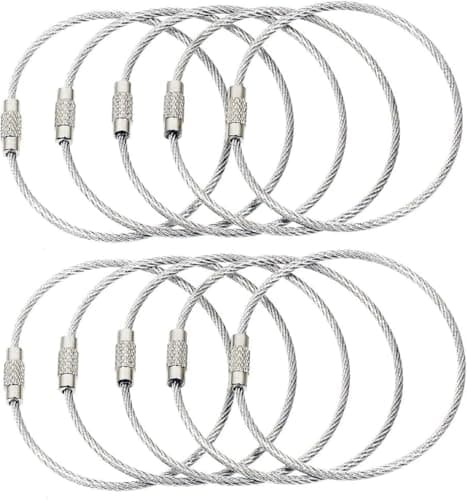 BlueCosto - Wire Keychain Cable - 10 PK, 6.7” / 17cm - 2mm Thick Stainless Steel Keyring Wire Loops - Secure Screw Lock for Hanging Luggage Tags & Organizing Keys