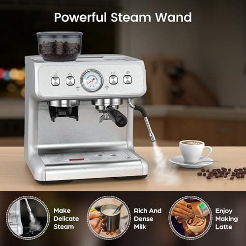 Electactic Espresso Machine with Grinder, Stainless Steel 20 Bar Semi-Automatic Expresso Coffee Machines, Featuring a Milk Frother, Steam Wand, Removable Water Tank for Latte, Macchiato, Cappuccino 5