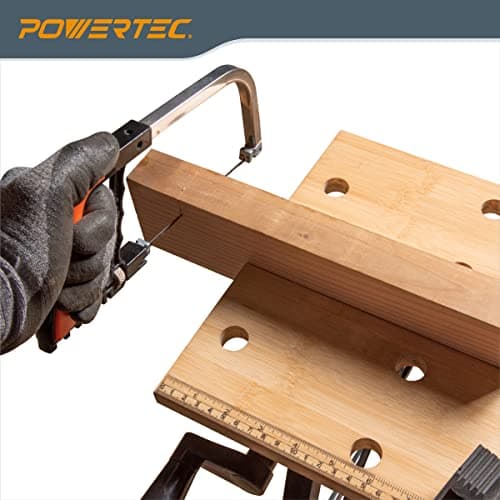 POWERTEC Portable Small Workbench with Vise, Imprinted Ruler and Protractor Scale, Folding Sawhorse/Worktable and 4 Bench Dogs for Woodworking Projects (MT4006V) 5