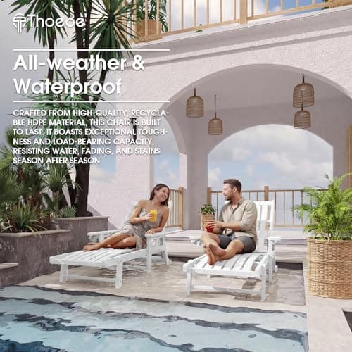 THOEOE Patio Chaise Lounge Chair, Oversized Lounge Chair Outdoor with 5 Positions, HDPE, Patio Lounge Chair with Wheels & Cup Holder for Pool, Deck, Poolside,White 7