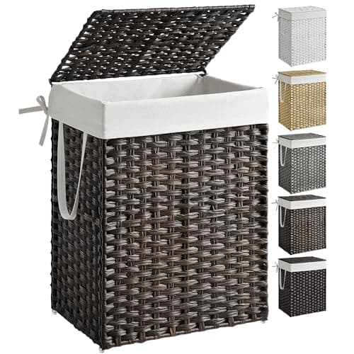 SONGMICS Laundry Hamper with Lid, 23.8 Gallon (90 L) Synthetic Rattan Clothes Laundry Basket with Lid and Handles, Foldable, Removable Liner, Chestnut Brown ULCB051K02