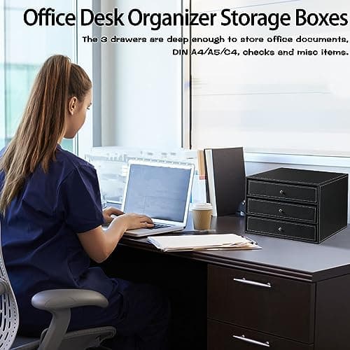 PU Leather Desktop Organizer with Drawers,3 Drawer Office Desk Organizer,Desktop Storage for Office Supplies/A4 Paper/Magazine/Book,for Office School Home.Black 5
