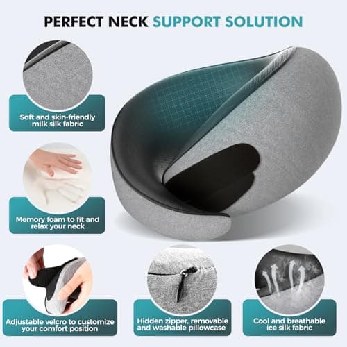 FIOGIKO Travel Neck Pillows for Airplanes - 360° Ergonomic Memory Foam Travel Pillow - Relief Neck Pain with Breathable Support for Long Flights, Car, Train & Office Use - Adults & Kids 5