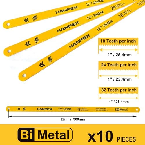 Hanpex Hacksaw Replacement Blade Sets (10 Pack) High Speed 3Pc. 18TPI / 3Pc. 24TPI / 4Pc. 32TPI- 12" Length Hack Saw Blade - Bi-Metal HSS Cutting Blades 6