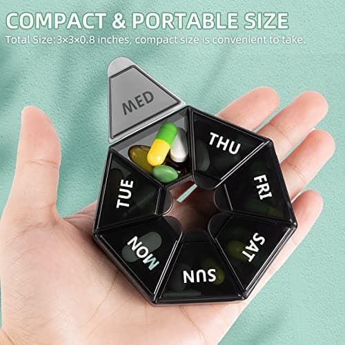 Gelibo,Weekly Pill Organizer, 2 Pack Portable Travel Pill Box Dispenser Medicine case 6 Colors (Seven Day) New Edition for Vitamin/Fish Oil/Pills/Supplements-Arthritis Friendly (Black) 7