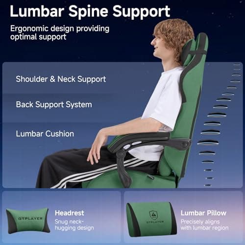 GTPLAYER Gaming Chair, Video Game Chairs with Footrest and Lumbar Support, Computer Chair for Adults with Extended Backrest, Ergonomic Reclining Silla Gamer, Fabric, Green 8