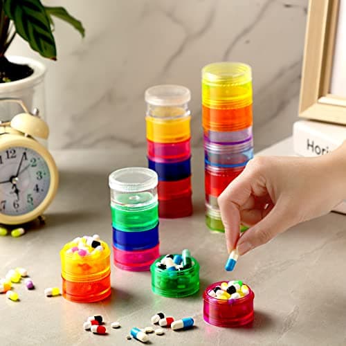 Sieral 7 Days Stackable Pill Organizers 7 Compartments Round Pill Boxes Tower Weekly Vitamin Individual Storage Containers Travel Cases with Lids for Medications, Vitamins and Supplements(4 Sets) 7