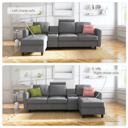 HONBAY Convertible Sectional Couch L Shaped Sofa with Cup Holders, Modern Sectional Sofa 4-Seat Sofa with Reversible Chaise, Light Gray 6
