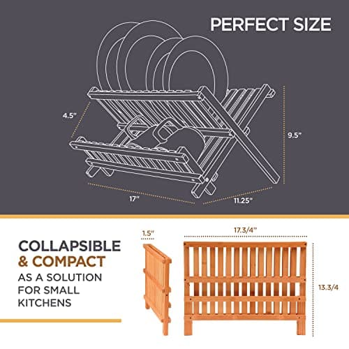 Dish Drying Rack - Bamboo Dish Rack for Kitchen Counter, Collapsible 2-Tier Wooden Drying Rack for Dishes, Plates, Cups, Utensils - Foldable Dish Drainer, Space-Saving Kitchen Drying Rack Organizer 5