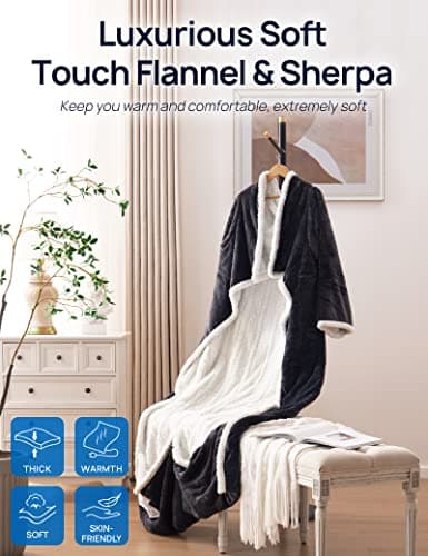 Westinghouse Electric Snuggle Throw Blankets with Foot Pocket, Wearable Heated Blanket with Sleeves, 6 Heating Levels & 2 to 10 Hours Heating Time Settings, 50 * 70"+18", Grey 5