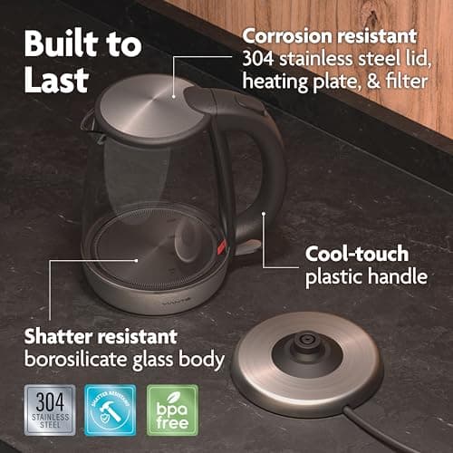Vianté Electric Glass Tea Kettle. Fast Water Boiler. BPA-FREE. Stainless Steel & Borosilicate Glass. Designed in Italy. 1.7 Liters capacity. 7