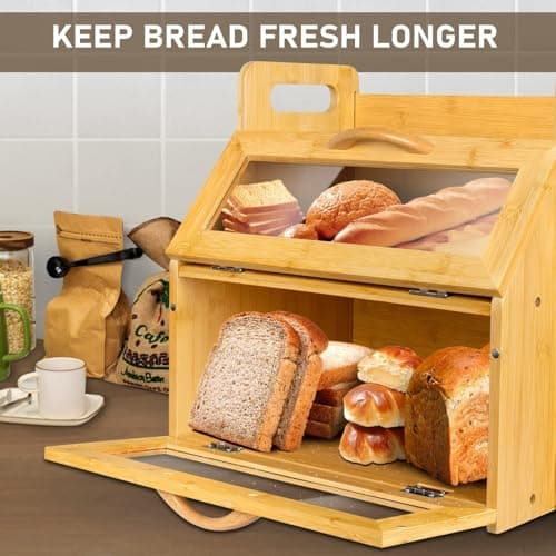 BAMBANG Extra Large Bread Box, Double Layer Bread Box for Homemade Bread, Bamboo Wooden Bread Storage Container with Tool Holder & Handles & Window, Assembly Required(14.9" x 11" x 15.3") Natural 5