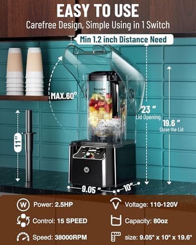 WantJoin Professional Commercial Blender With Shield Quiet Sound Enclosure 2200W Industries Strong and Quiet Professional-Grade Power, Self-Cleaning, Black 6