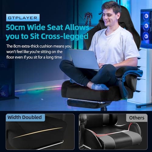 GTPLAYER Gaming Chair Fabric with Pocket Spring Cushion, Big and Tall Gamings Chairs 350LBS High Back Computer Chair with Footrest for Adults Lumbar Support Swivel Game Chair for Office Light Black 8