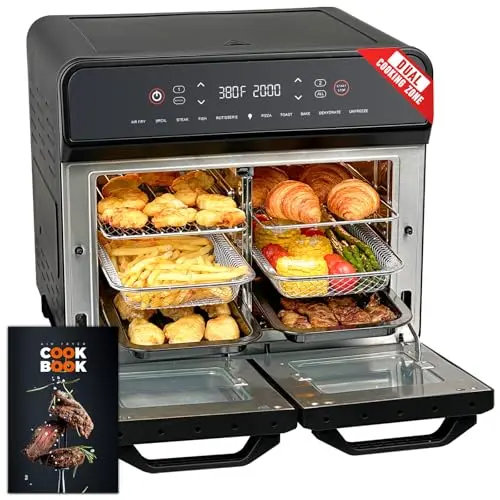 24Qt Dual Zone Air Fryer Oven with Rotisserie, Extra Large Double Air Fryers Mini Oven Digital 1800W 10 in 1 Airfryer Countertop Convection Toaster Oven Combo, Stainless Steel Inner, 360° Even Heating