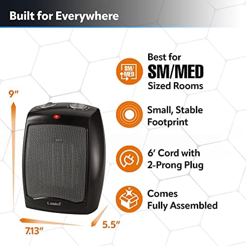 Lasko CD09250 Ceramic Adjustable Thermostat Tabletop or Under-Desk Heater, 9 Inches High, Black 5