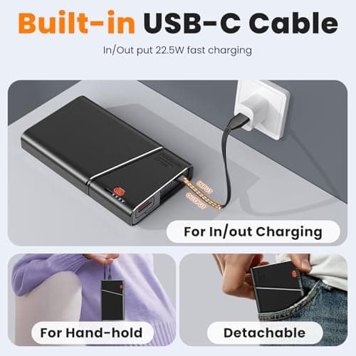 Aaoyun Portable Charger Power Bank, 20000mAh 22.5W PD Fast Charging Powerbank with Built-in USB C Cable, External Phone Battery Pack for iPhone 17/16/15 Samsung S24 Android etc 6