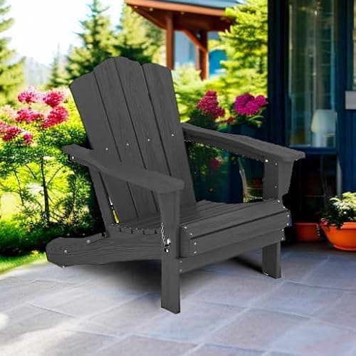 KINGYES Folding Adirondack Chair, HDPE All-Weather Patio Chairs, Wooden Textured Lawn Chair for Poolside, Backyard, Deck, Fire Pit, Grey 6