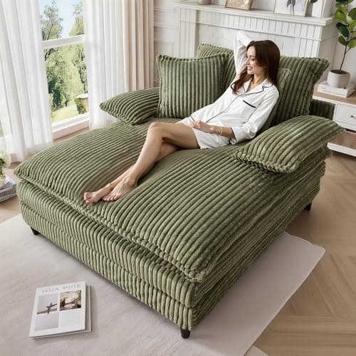 WESTSETLUX 55" W Oversized Chaise Lounge Sofa Couch with 5-Position Adjustable Backrest, Corduroy Sleeper Chair Sofa Bed, Reading Chair ‌with Deep Seat, Cloud Couches for Living Room, Bedroom, Green
