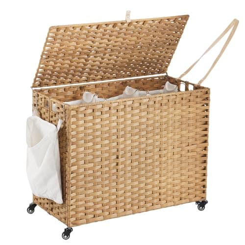 Laundry Hamper with Wheels, 52.8 Gallon(200L) Rolling Laundry Basket with Lid, 3-Section Rattan Clothes Hamper with 3 Removable Liner & 3 Mesh Bags, Laundry Sorter with Side Pocket, Natural