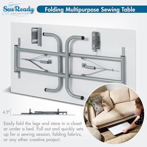 Sew Ready Folding Multipurpose Sewing Table - 47.5" W x 28" D Foldable White Hobby and Sewing Machine Table with Adjustable Shelf - Can Also Be Used as Computer Desk 6