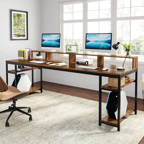 Tribesigns Two Person Desk with Monitor Stand, 78.74" Long Double Computer Office Desk with Storage Shelves, Large Gaming Study Writing Table Workstation for Home Office (Rustic Brown) 5