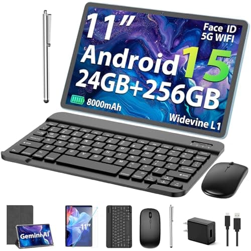Suicoey 2026 11 inch Android 15 Tablet with Keyboard, 24GB+256GB, 2TB Expand, 8000mAh, 5MP+13MP, 5G WiFi, Gemini AI, Split Screen, Widevine L1, 2 in 1 Tablets PC with Case, Mouse, Stylus(Silver Case)