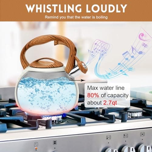 GGC Tea Kettle for Stove Top, Loud Whistling Kettle for Boiling Water Coffee or Milk, 3.1 Quart 3L Heavy Stainless Steel White Kettles with Wood Pattern Handle, Unique Button Control Kettle Outle 4
